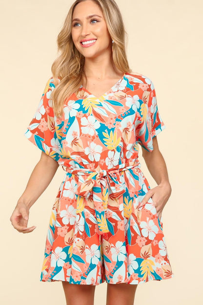 Haptics Tropical Floral Short Sleeve Tied Romper - UrbanEthereal
