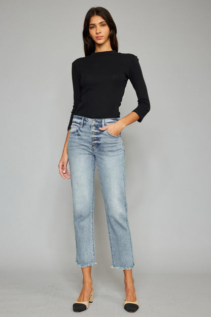 Kancan High Waist Button Fly Raw Hem Cropped Straight Jeans - UrbanEthereal