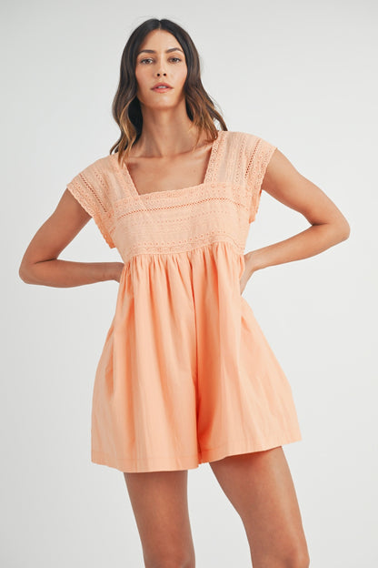 MABLE Square Neck Lace Trim Romper - UrbanEthereal