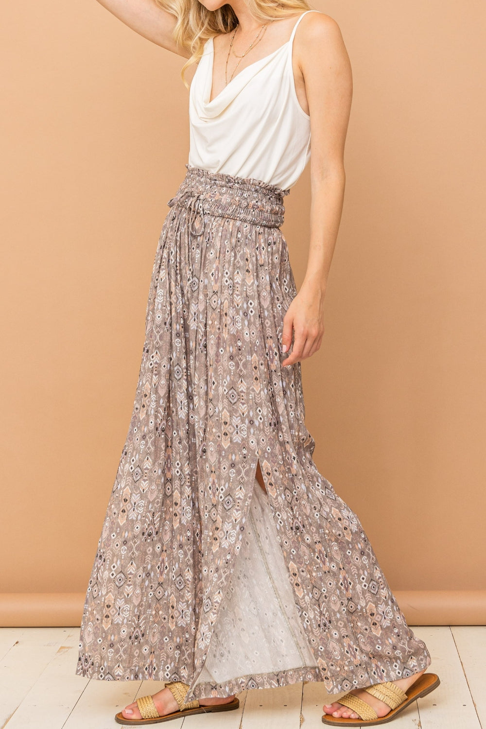 And The Why Printed Smocked Waist Slit Wide Leg Pants - UrbanEthereal