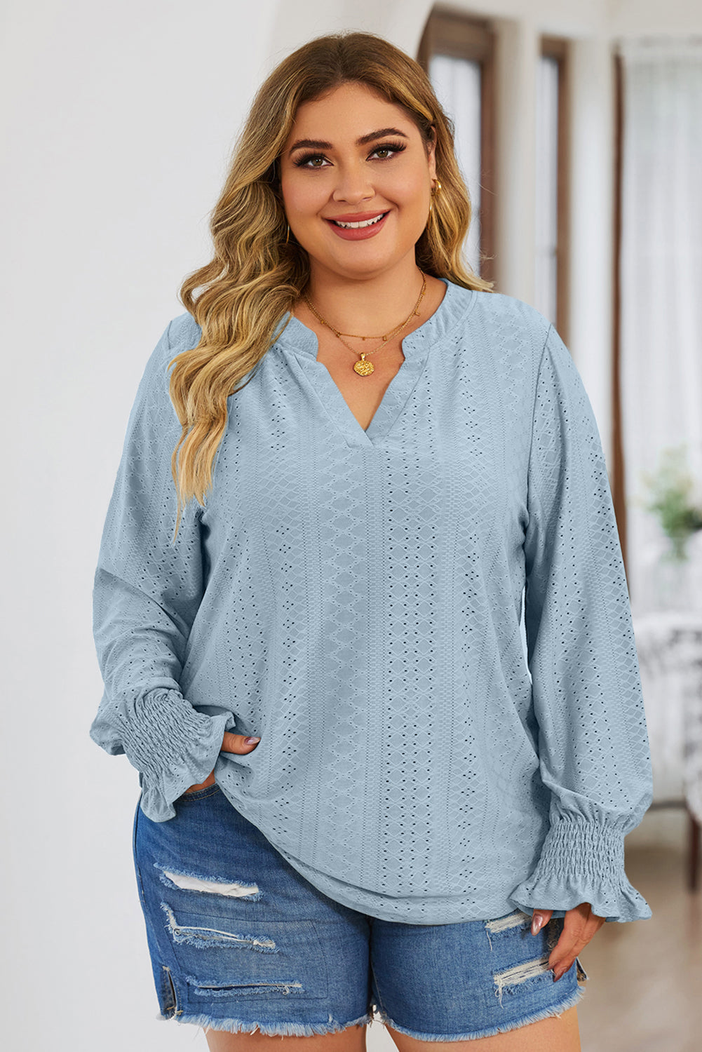 Plus Size Eyelet Notched Flounce Sleeve Blouse - UrbanEthereal