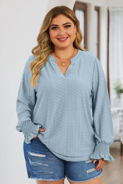 Plus Size Eyelet Notched Flounce Sleeve Blouse - UrbanEthereal