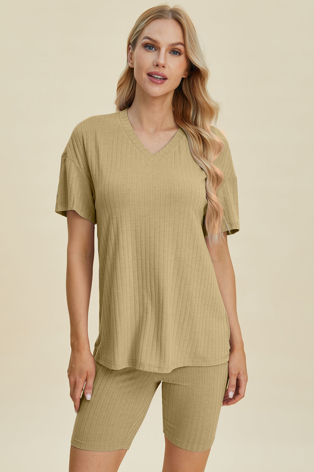 Basic Bae Full Size Ribbed V-Neck Short Sleeve Top and Shorts Set - UrbanEthereal