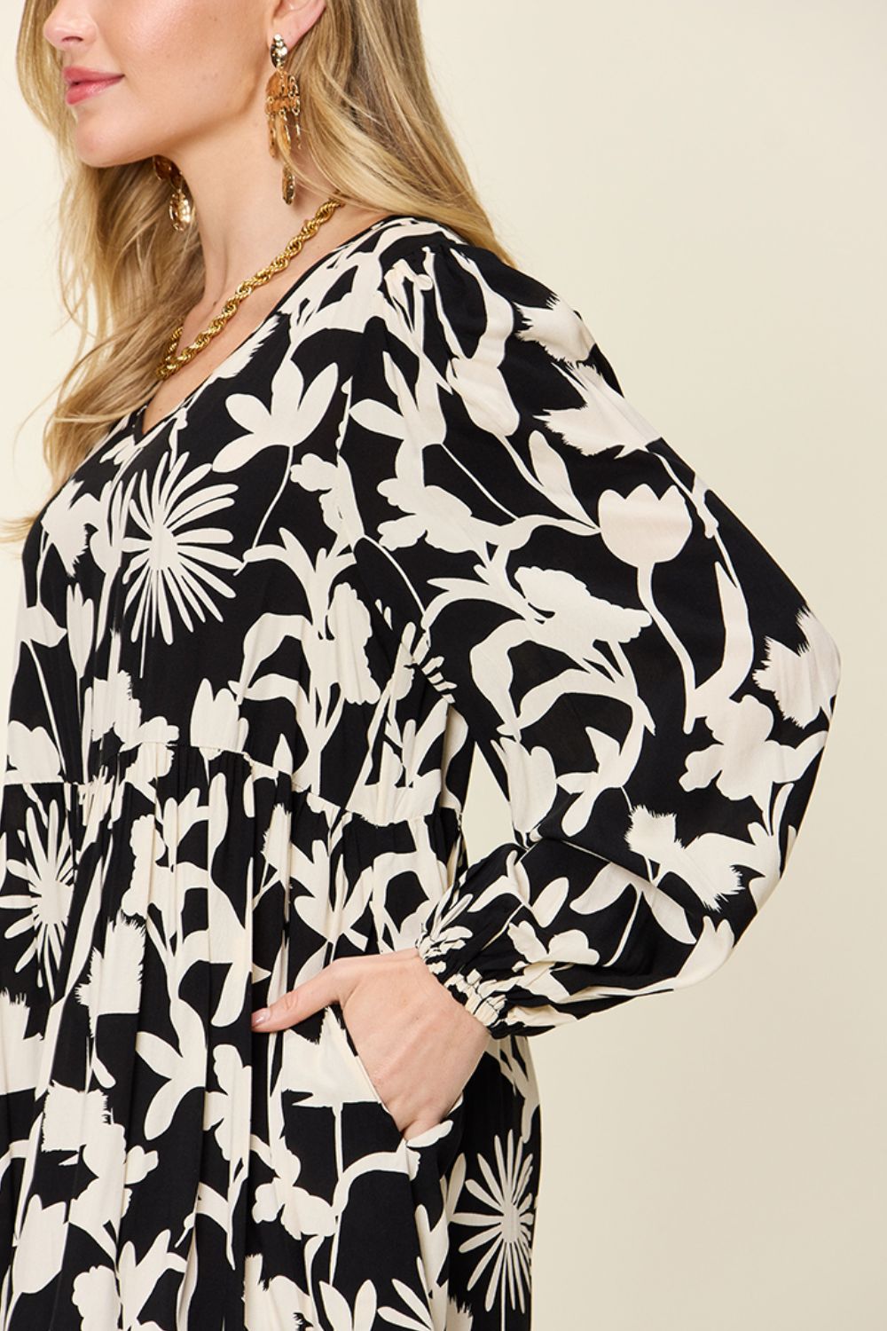 Double Take Full Size Printed Ruffle Hem Dress with Pocket - UrbanEthereal