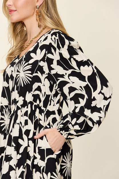 Double Take Full Size Printed Ruffle Hem Dress with Pocket - UrbanEthereal