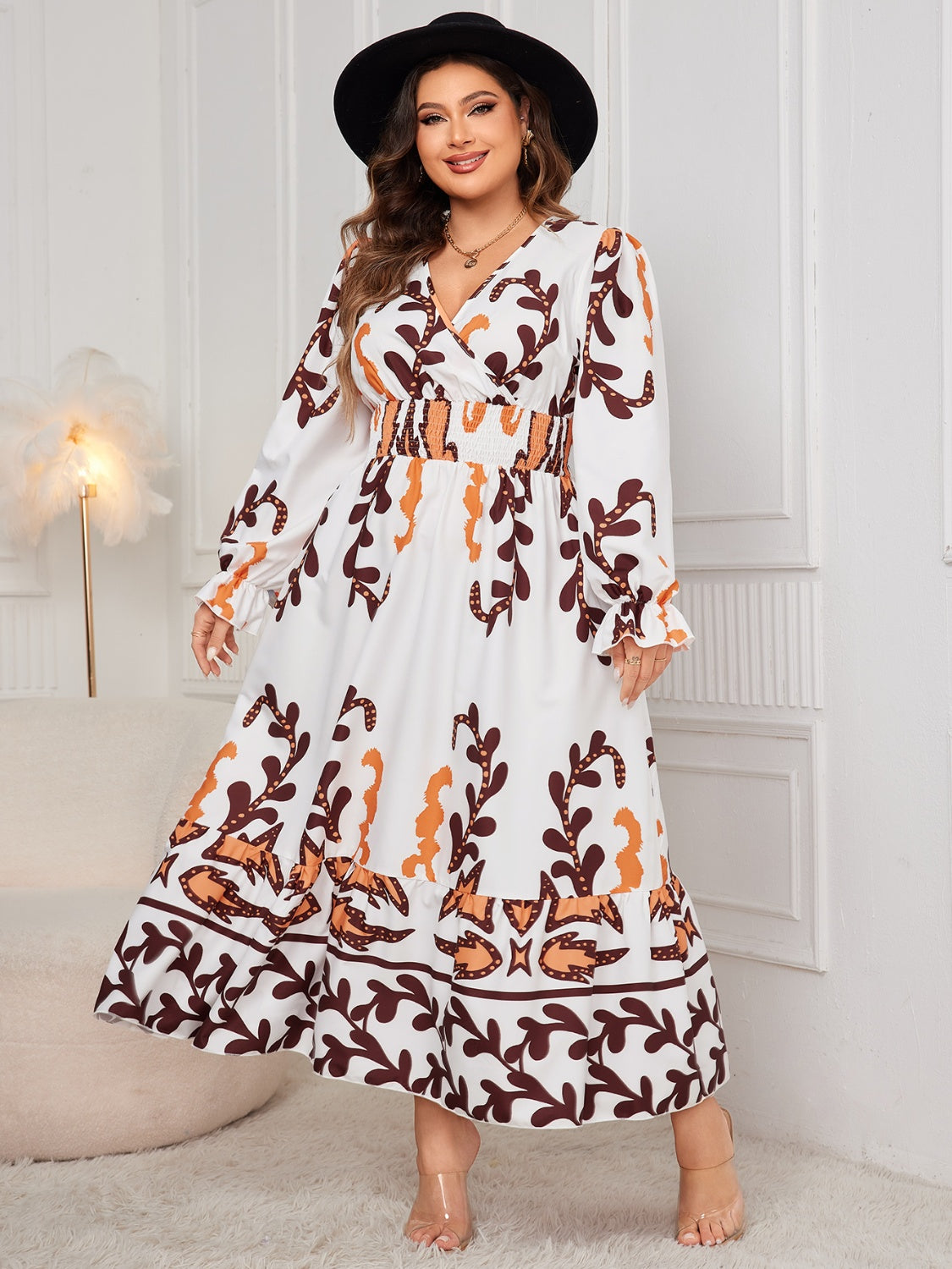Plus Size Printed Surplice Flounce Sleeve Dress - UrbanEthereal