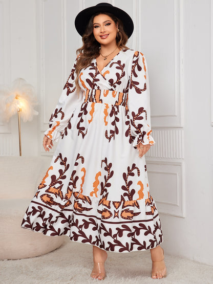 Plus Size Printed Surplice Flounce Sleeve Dress - UrbanEthereal