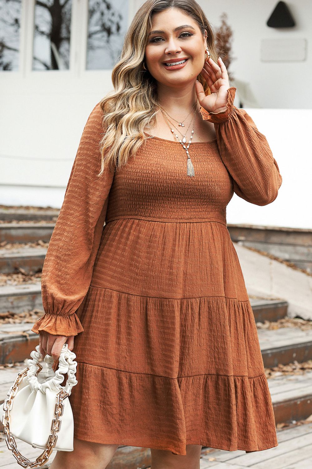 Plus Size Smocked Square Neck Tiered Dress - UrbanEthereal