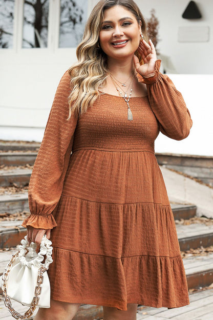 Plus Size Smocked Square Neck Tiered Dress - UrbanEthereal