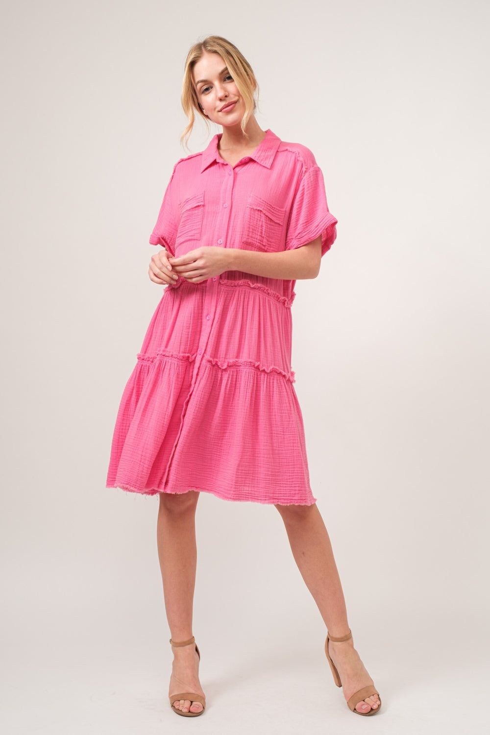 And The Why Full Size Raw Edge Washed Tiered Shirt Dress - UrbanEthereal