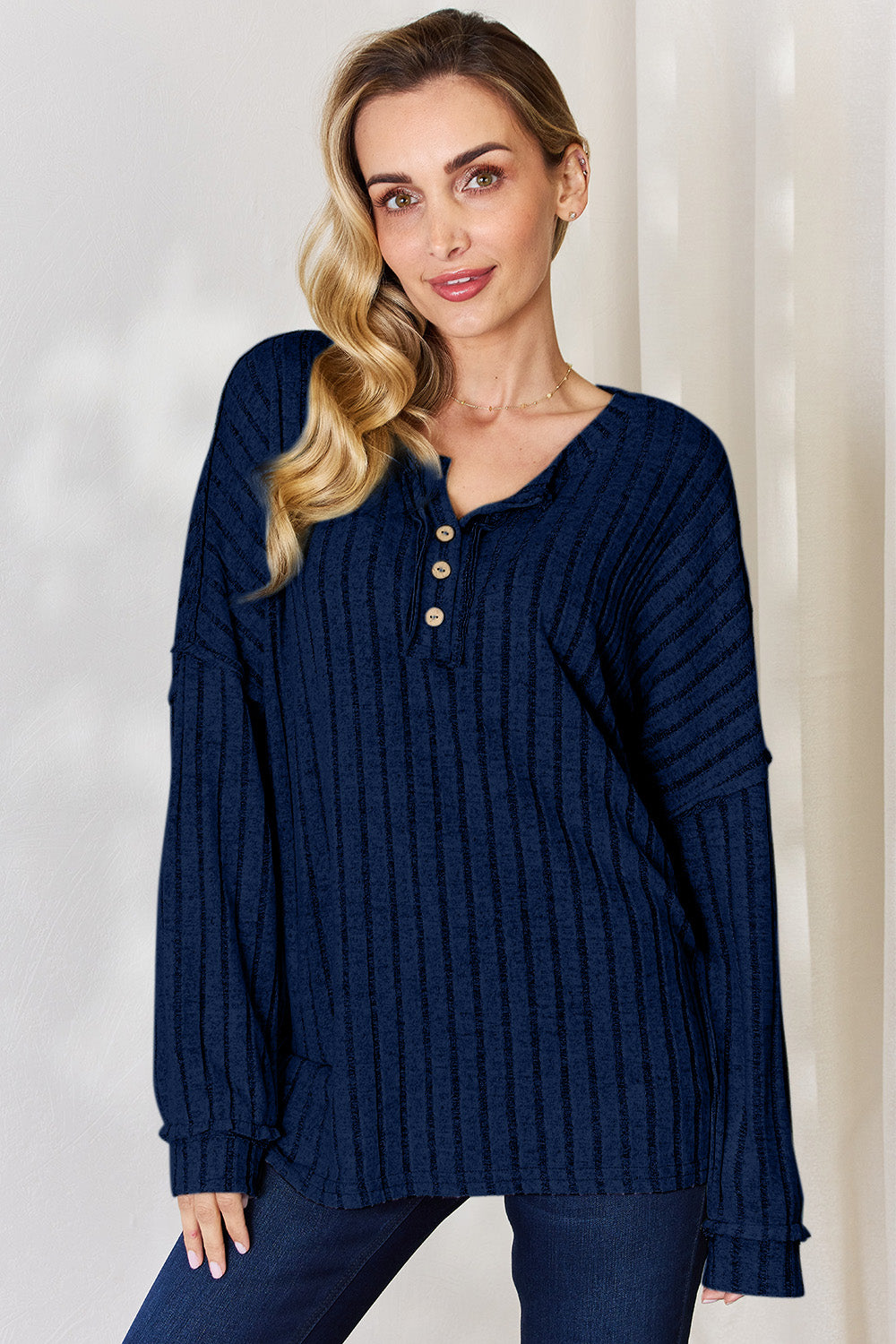 Basic Bae Full Size Ribbed Half Button Long Sleeve T-Shirt - UrbanEthereal