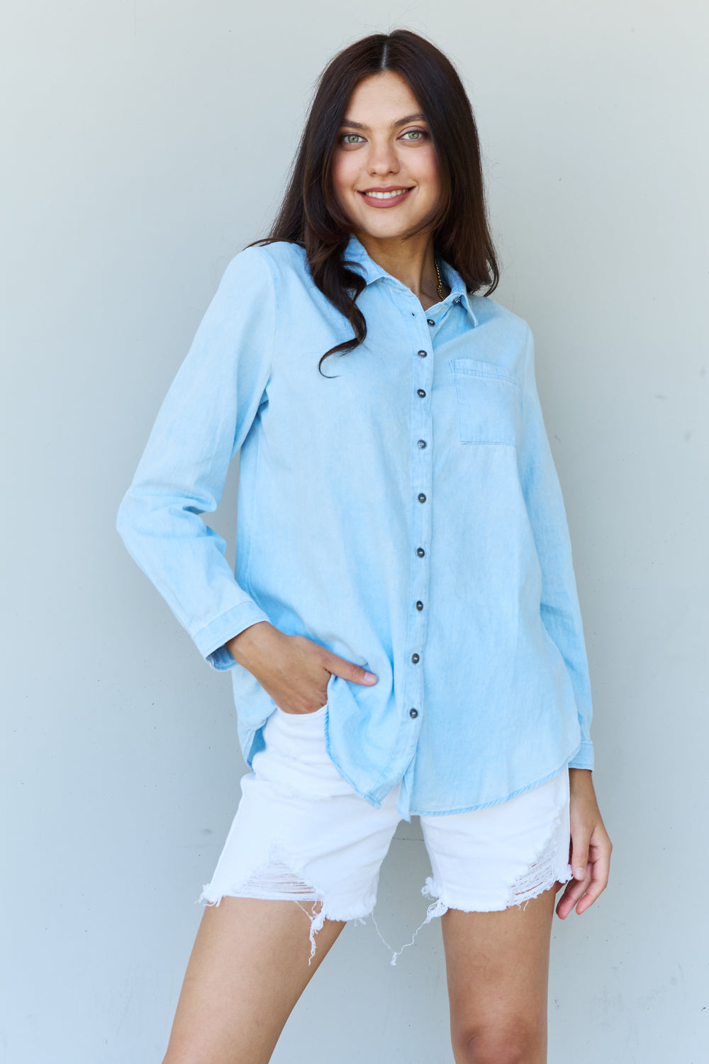 Doublju Blue Jean Baby Denim Button Down Shirt Top in Light Blue - UrbanEthereal