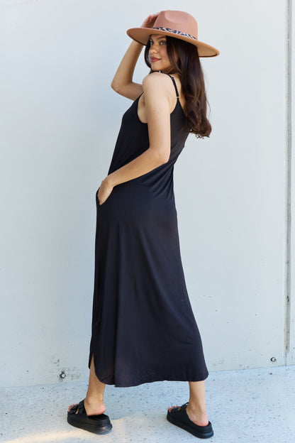 Ninexis Good Energy Full Size Cami Side Slit Maxi Dress in Black - UrbanEthereal