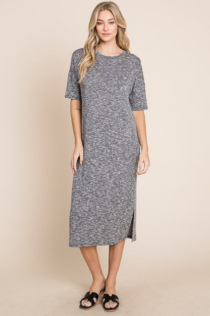 BOMBOM Slit Round Neck Half Sleeve Midi Dress - UrbanEthereal