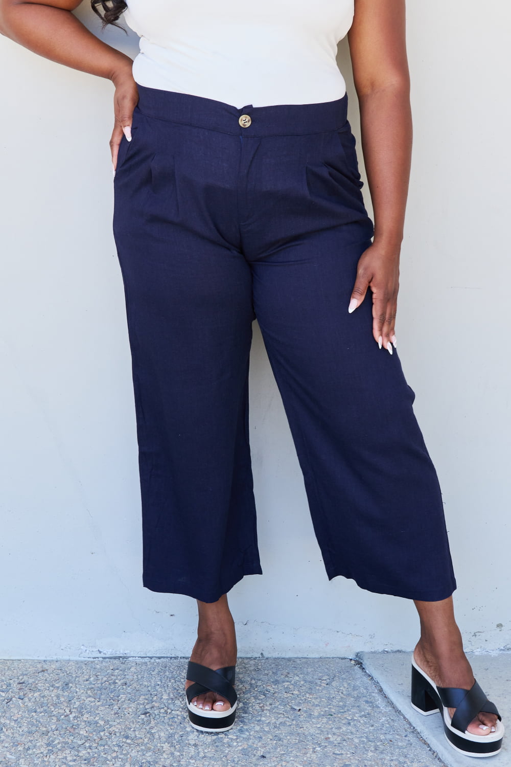 And The Why In The Mix Full Size Pleated Detail Linen Pants in Dark Navy - UrbanEthereal