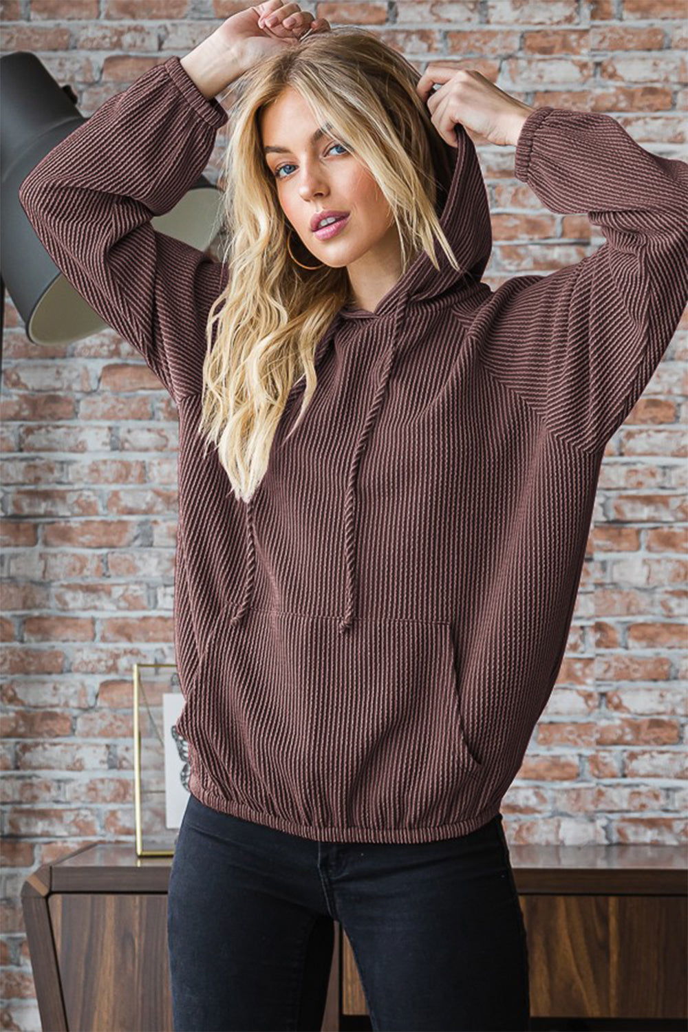 Heimish Ribbed Long Sleeve Hoodie with Kangaroo Pocket - UrbanEthereal