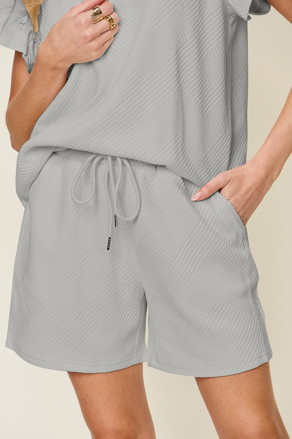 Double Take Full Size Texture Flounce Sleeve Top and Drawstring Shorts Set - UrbanEthereal