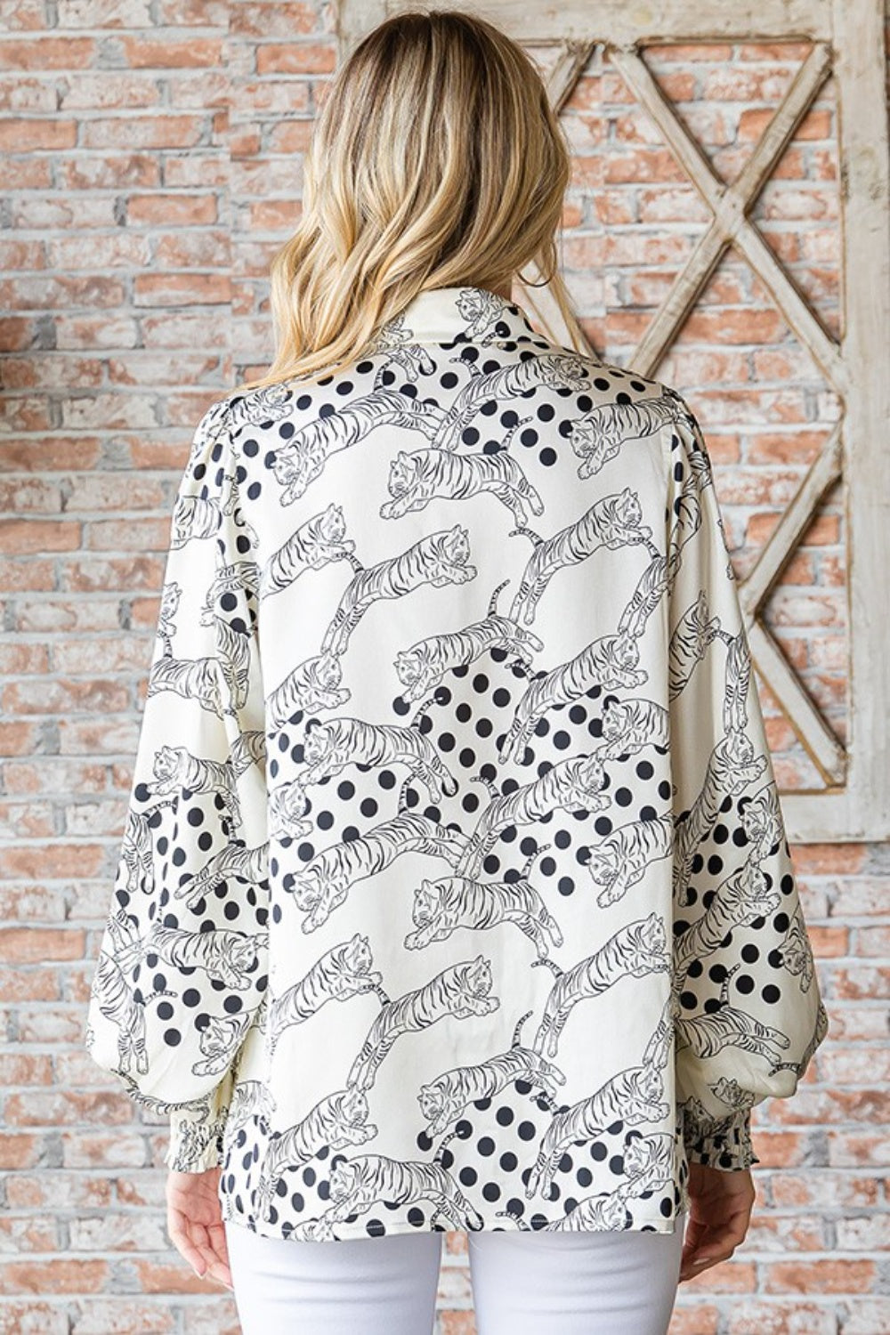 First Love Tiger Print Collared Neck Long Sleeve Satin Shirt