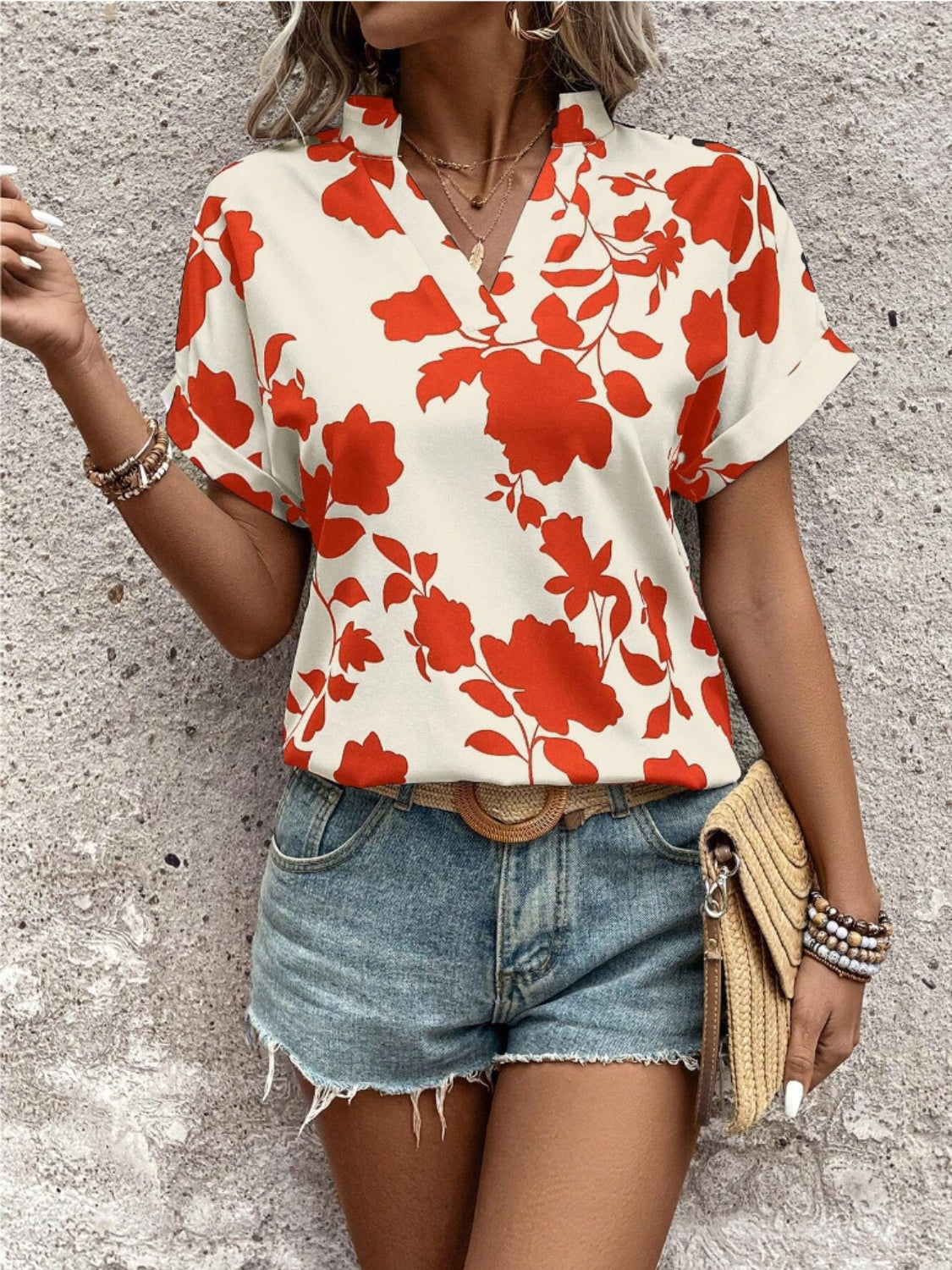 Flower Notched Short Sleeve Blouse - UrbanEthereal