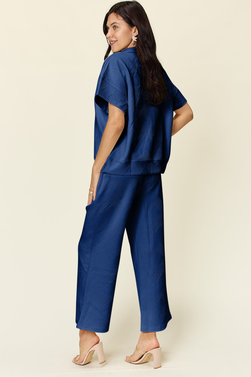 Double Take Full Size Texture Half Zip Short Sleeve Top and Pants Set - UrbanEthereal