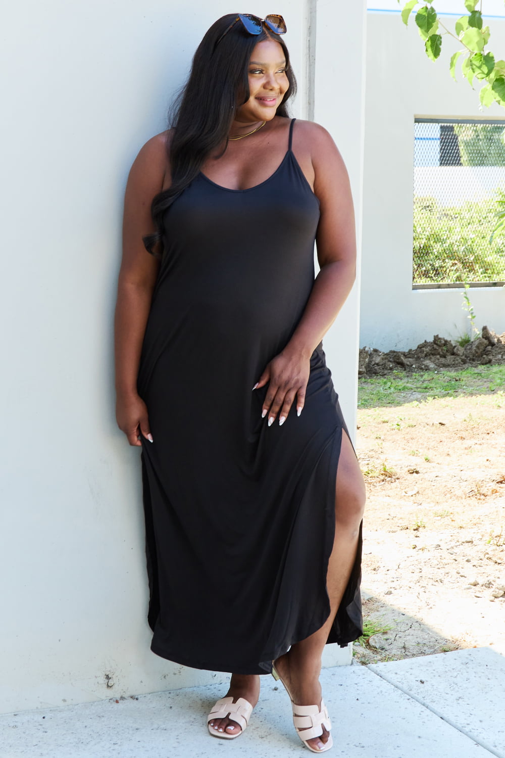 Ninexis Good Energy Full Size Cami Side Slit Maxi Dress in Black - UrbanEthereal