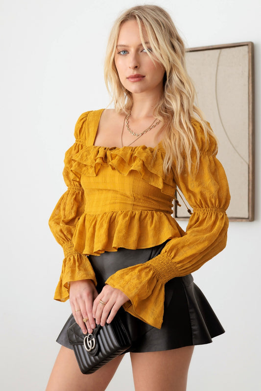 Mustard Seed Boho Shirred Smocked Peplum Long Sleeve Top