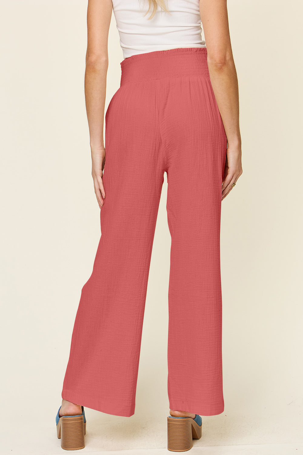 Double Take Full Size Texture Smocked Waist Wide Leg Pants - UrbanEthereal