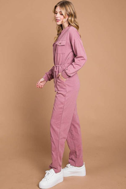 Culture Code Full Size Button Up Drawstring Waist Straight Jumpsuit - UrbanEthereal