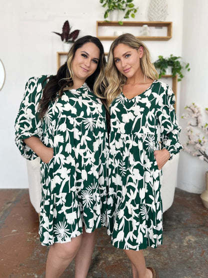 Double Take Full Size Printed Ruffle Hem Dress with Pocket - UrbanEthereal
