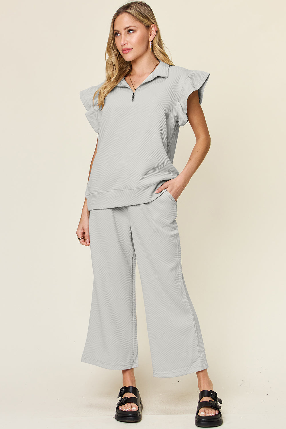 Double Take Texture Ruffle Short Sleeve Top and Drawstring Wide Leg Pants Set - UrbanEthereal