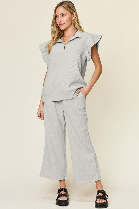 Double Take Texture Ruffle Short Sleeve Top and Drawstring Wide Leg Pants Set - UrbanEthereal