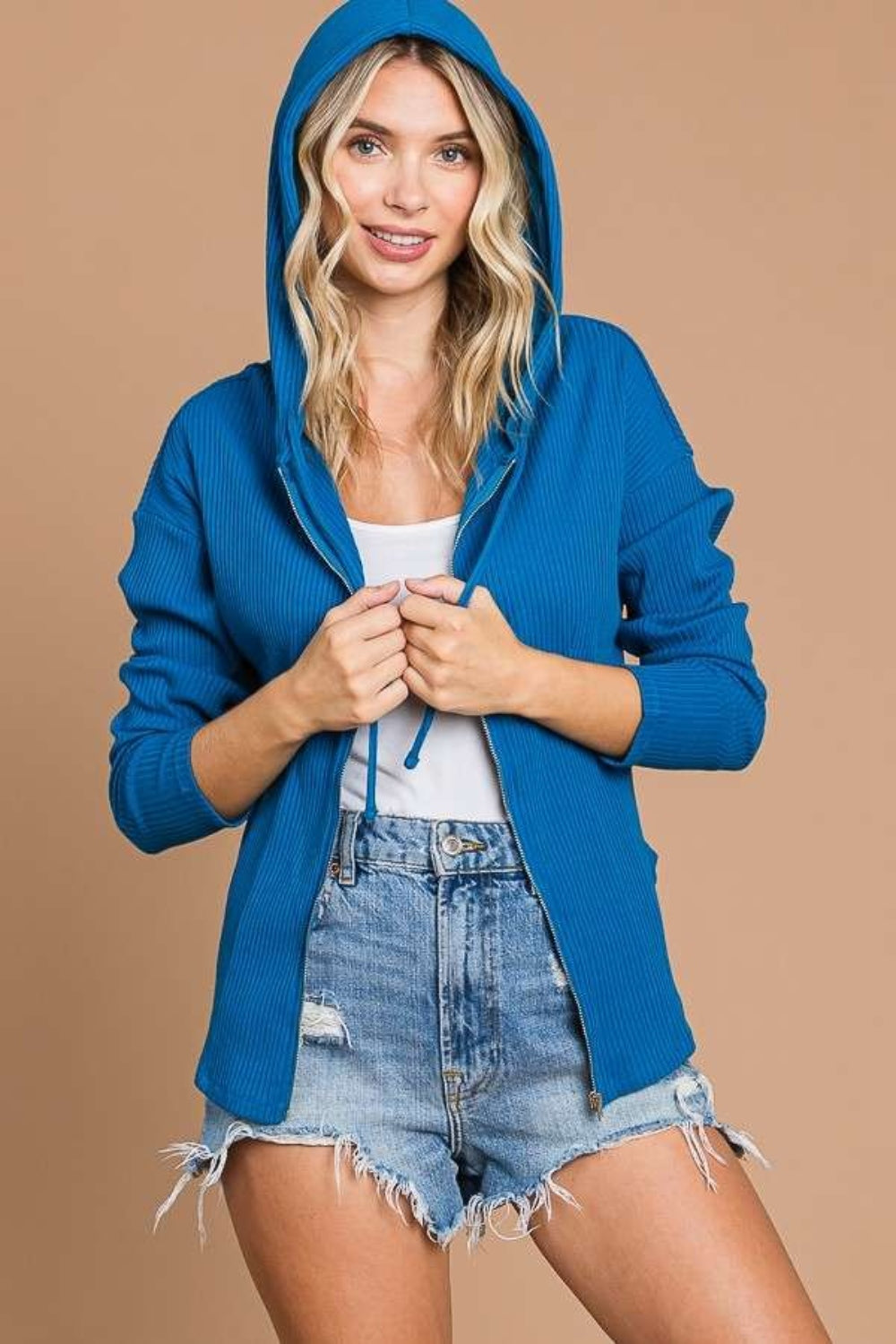 Culture Code Full Size Ribbed Zip Up Drawstring Hooded Jacket - UrbanEthereal