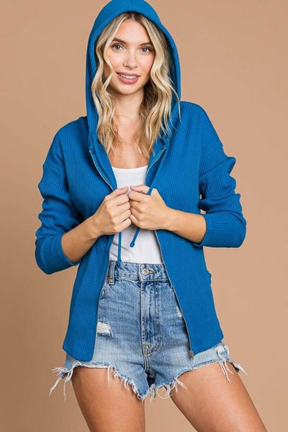 Culture Code Full Size Ribbed Zip Up Drawstring Hooded Jacket - UrbanEthereal