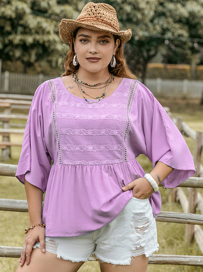 Plus Size Lace Detail Round Neck Three-Quarter Sleeve Blouse - UrbanEthereal