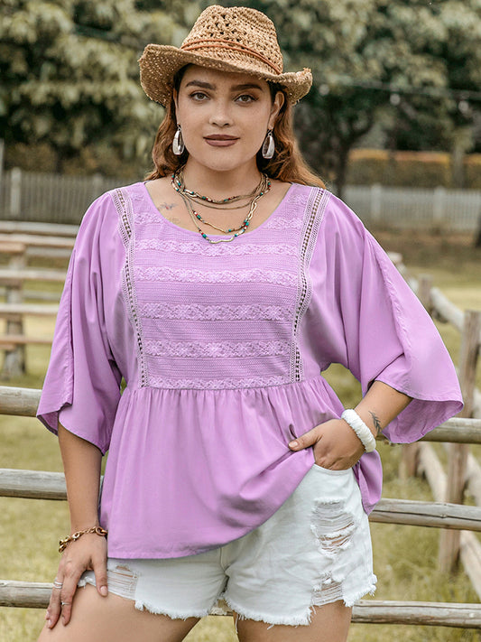 Plus Size Lace Detail Round Neck Three-Quarter Sleeve Blouse - UrbanEthereal
