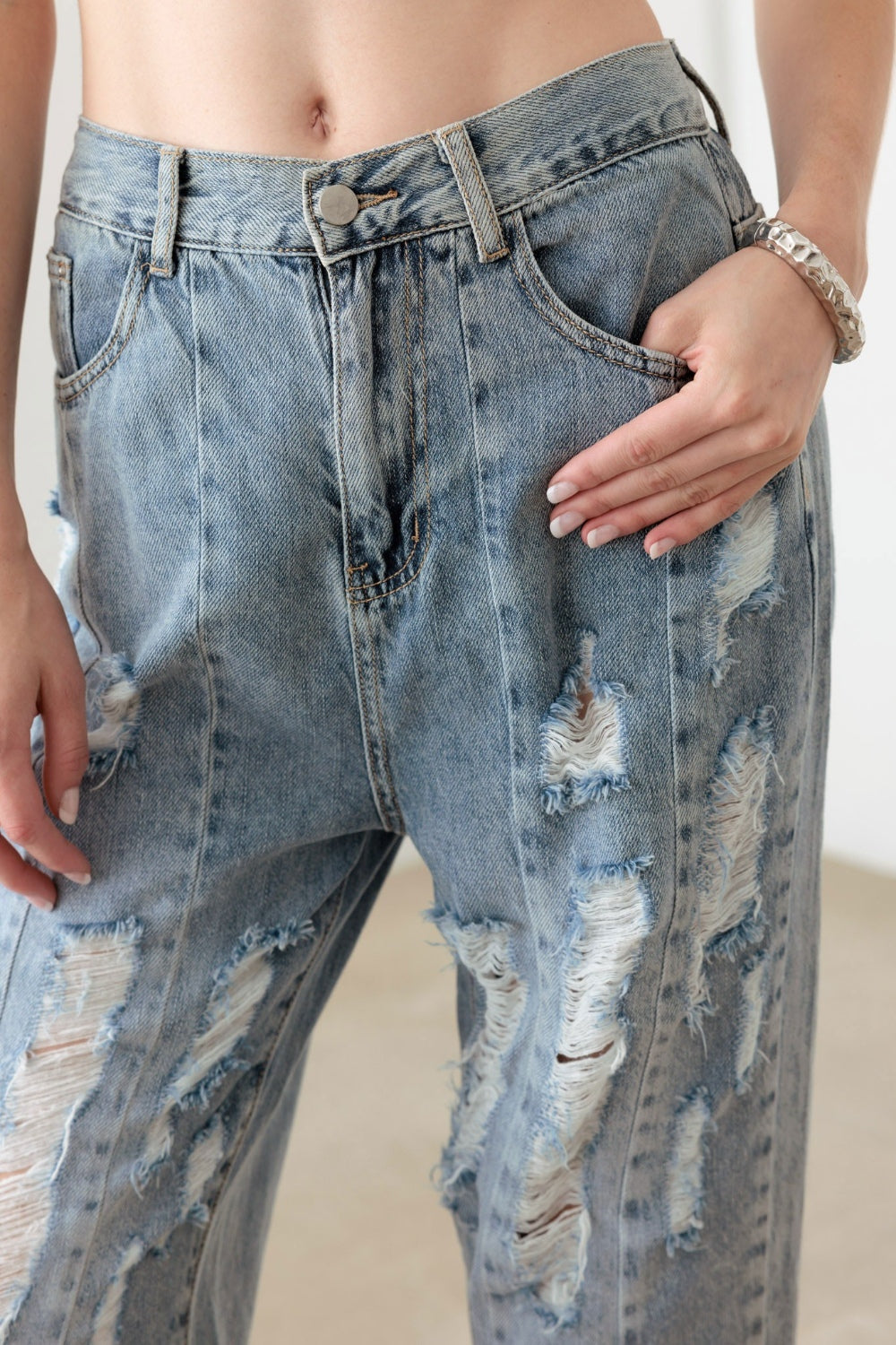 Litz La Washed Barrel Leg High Waist Distressed Jeans - UrbanEthereal