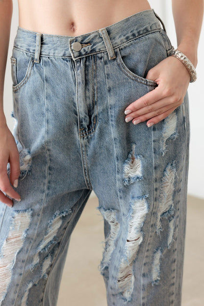 Litz La Washed Barrel Leg High Waist Distressed Jeans - UrbanEthereal