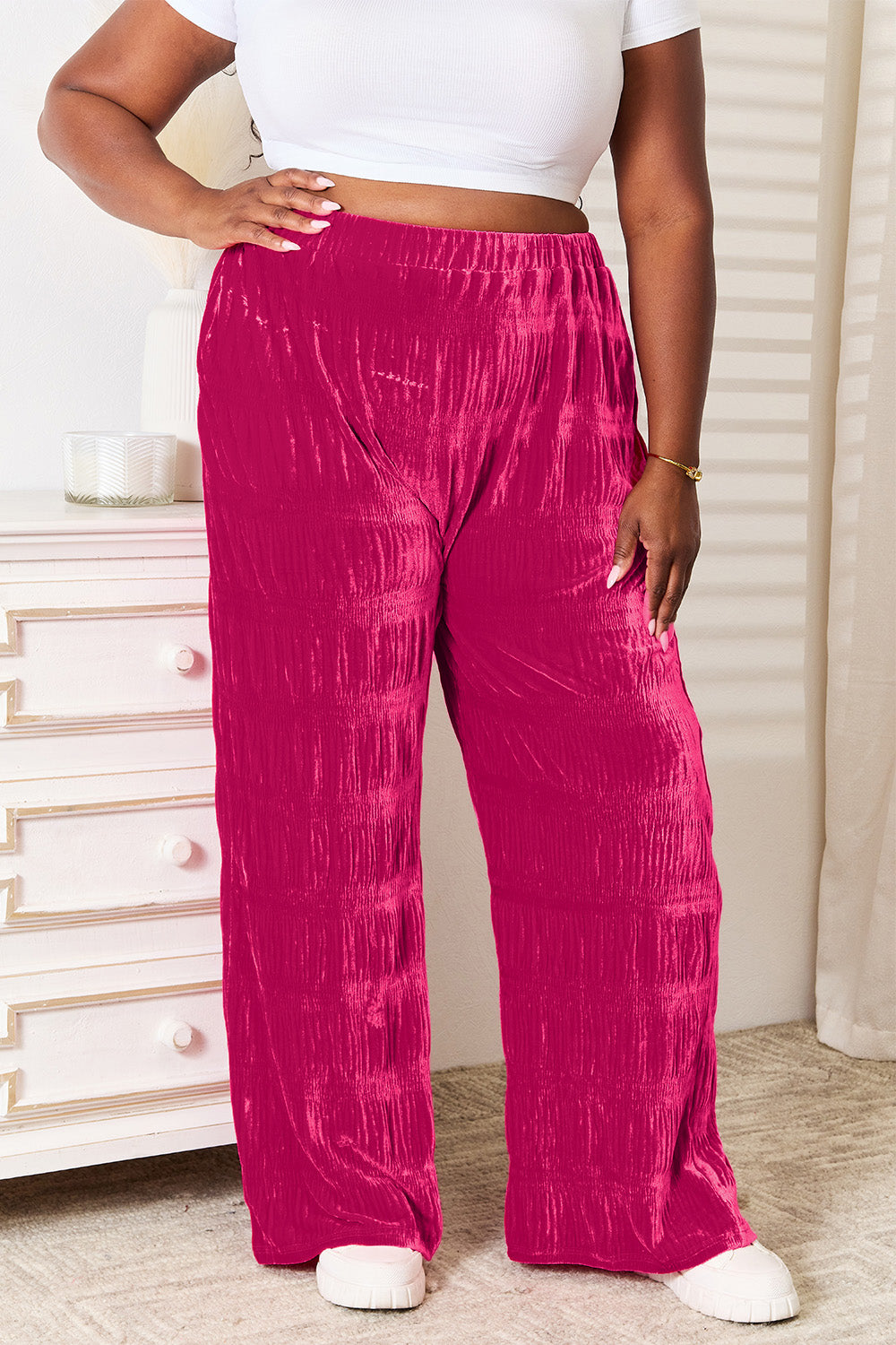 Double Take Full Size High Waist Tiered Shirring Velvet Wide Leg Pants - UrbanEthereal