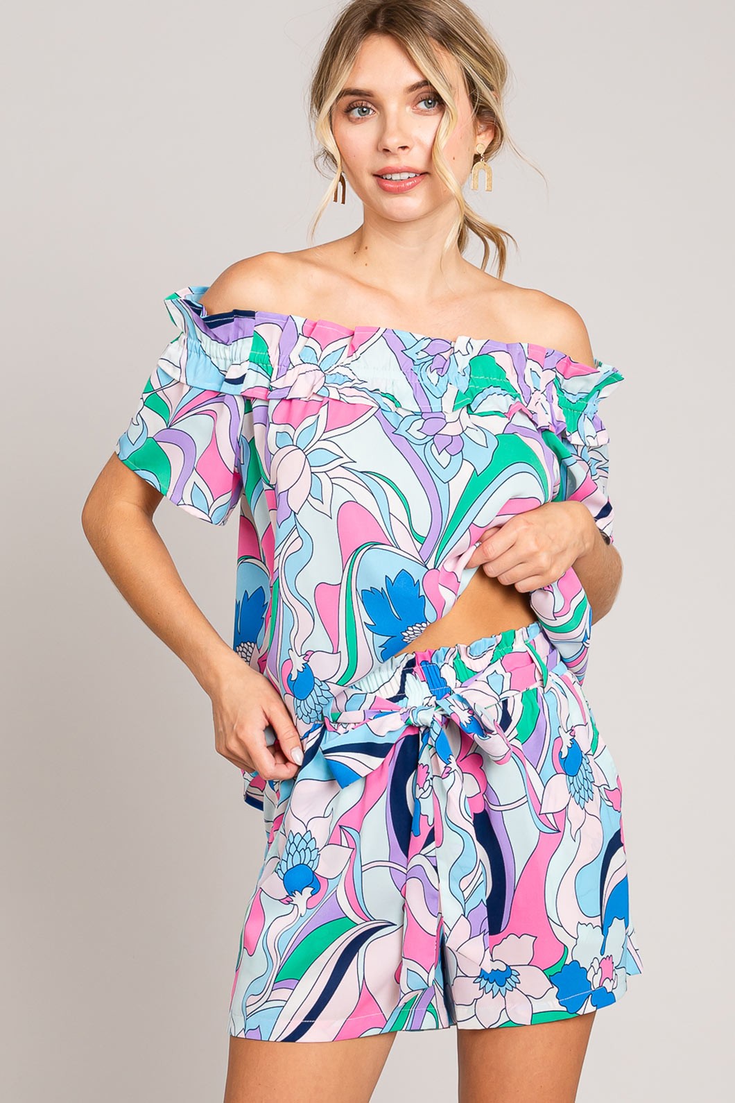 Cotton Bleu by Nu Label Abstracted Print Tie Front Shorts - UrbanEthereal