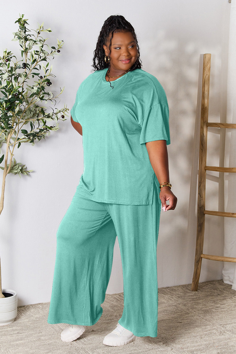 Double Take Full Size Round Neck Slit Top and Pants Set - UrbanEthereal