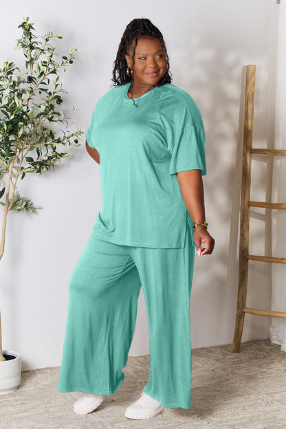 Double Take Full Size Round Neck Slit Top and Pants Set - UrbanEthereal