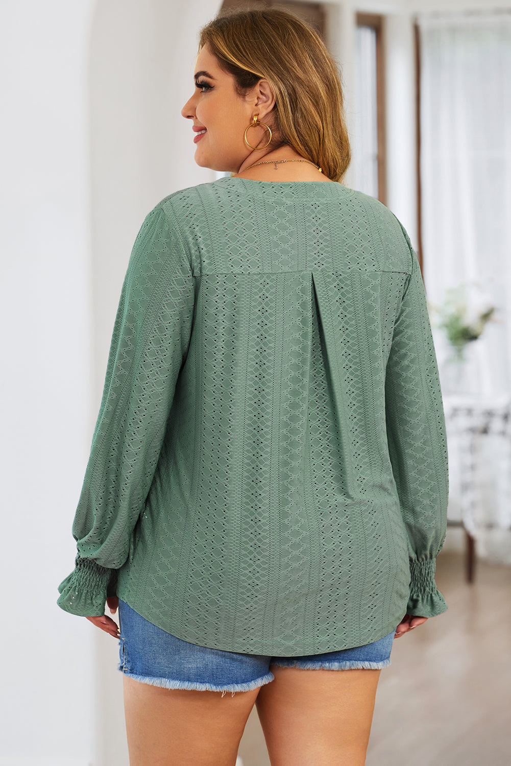 Plus Size Eyelet Notched Flounce Sleeve Blouse - UrbanEthereal