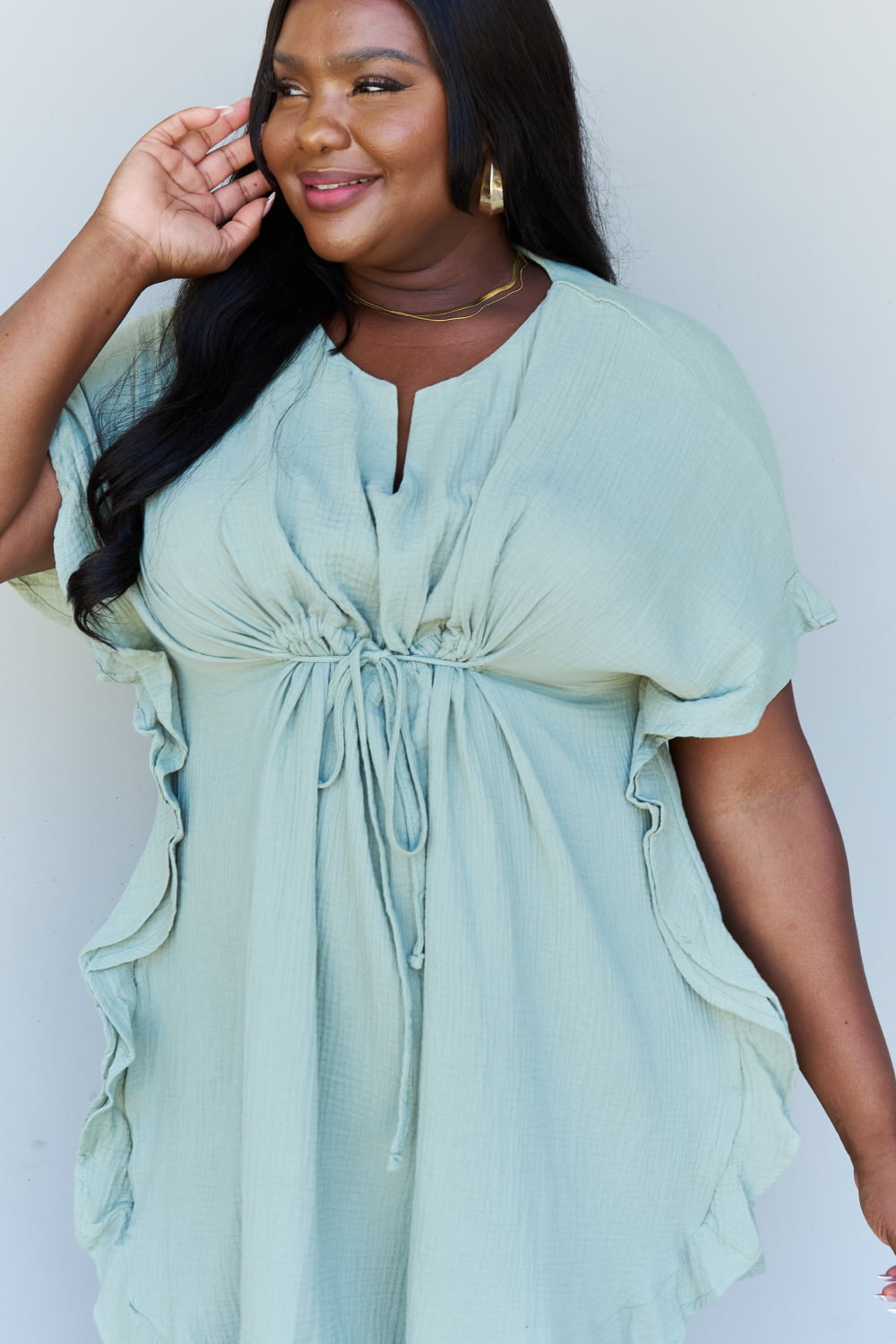 Ninexis Out Of Time Full Size Ruffle Hem Dress with Drawstring Waistband in Light Sage - UrbanEthereal