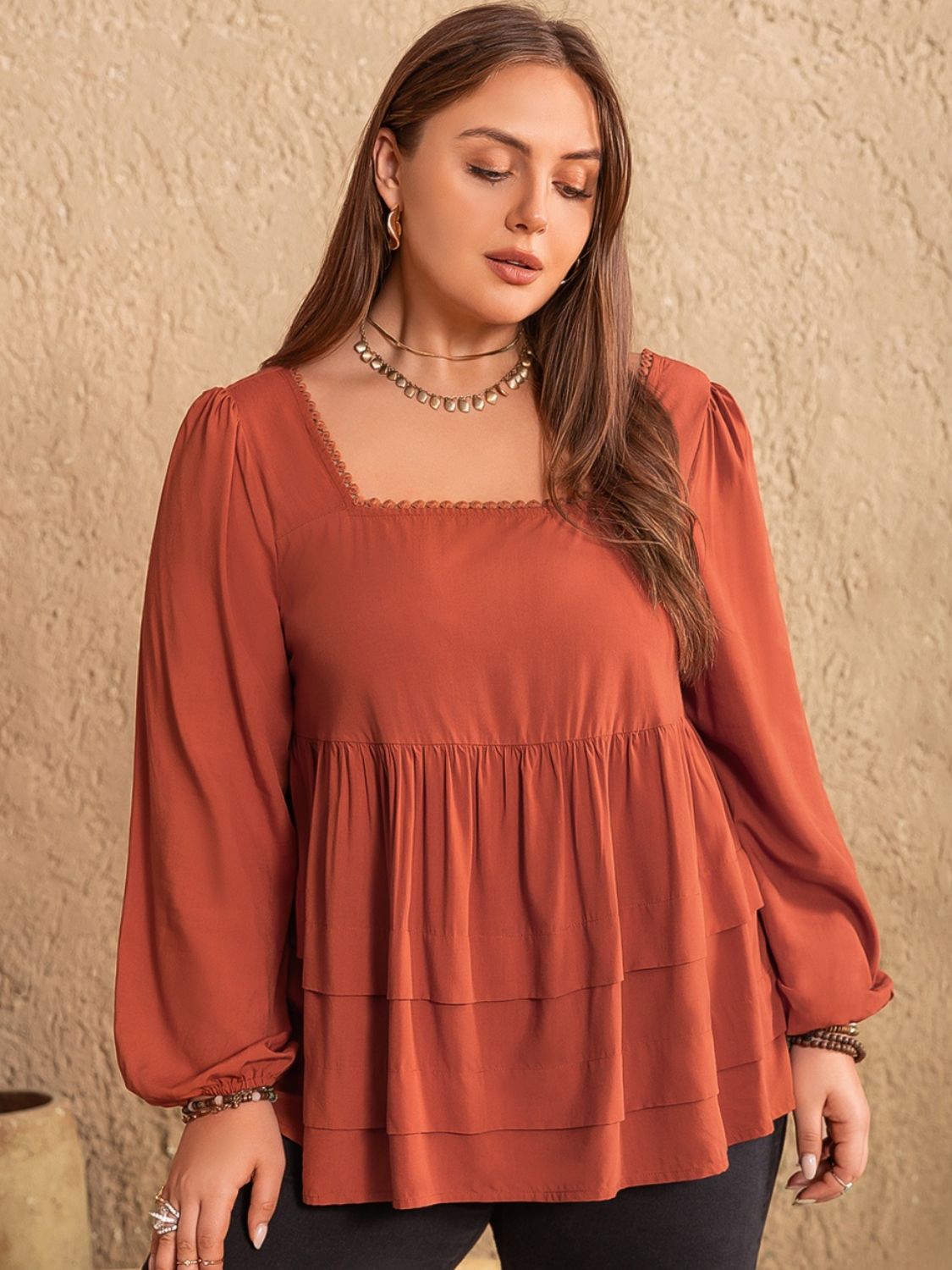 Plus Size Lace Detail Square Neck Long Sleeve Blouse - UrbanEthereal