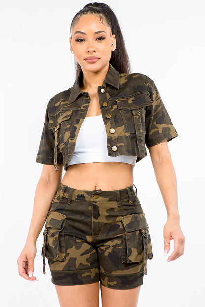 American Bazi Full Size Camouflage Short Sleeve Cropped Jacket - UrbanEthereal