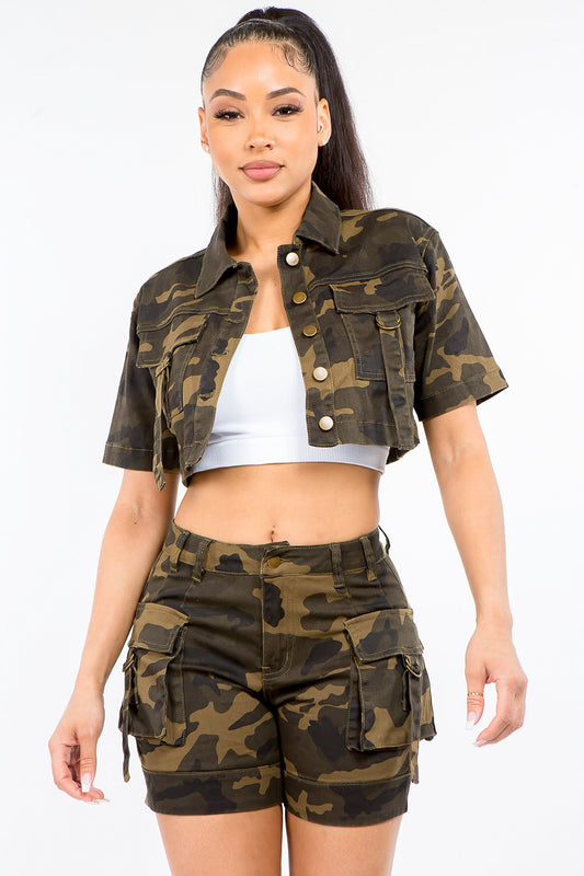 American Bazi Full Size Camouflage Short Sleeve Cropped Jacket - UrbanEthereal