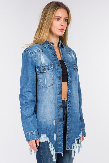 American Bazi Distressed Frayed Hem Denim Jacket - UrbanEthereal