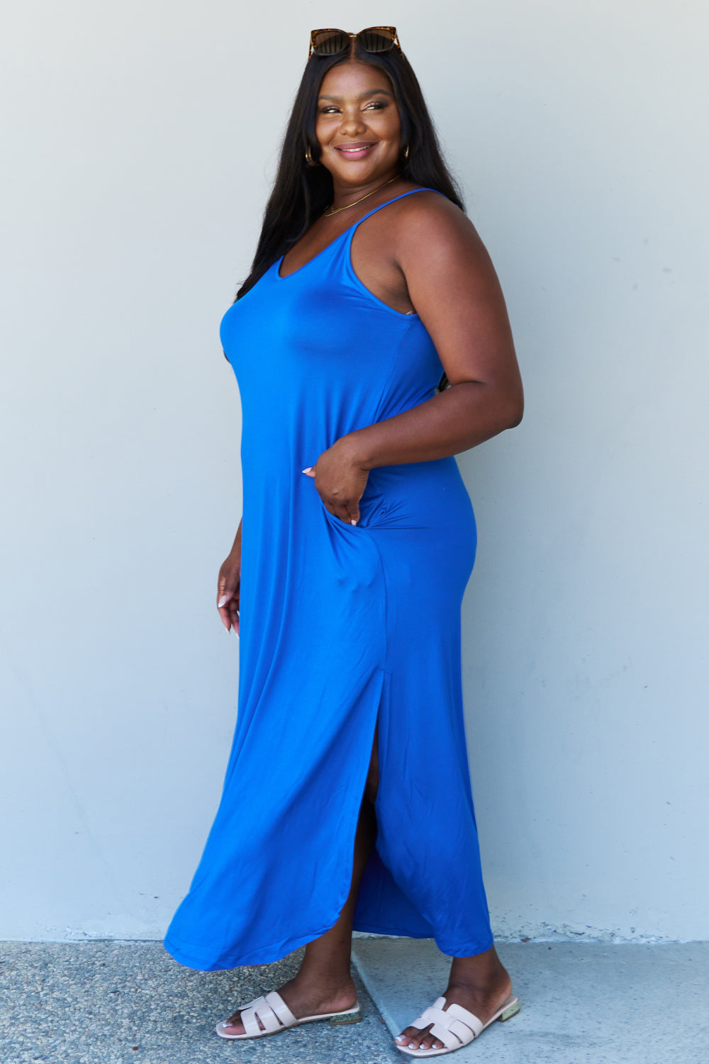 Ninexis Good Energy Full Size Cami Side Slit Maxi Dress in Royal Blue - UrbanEthereal