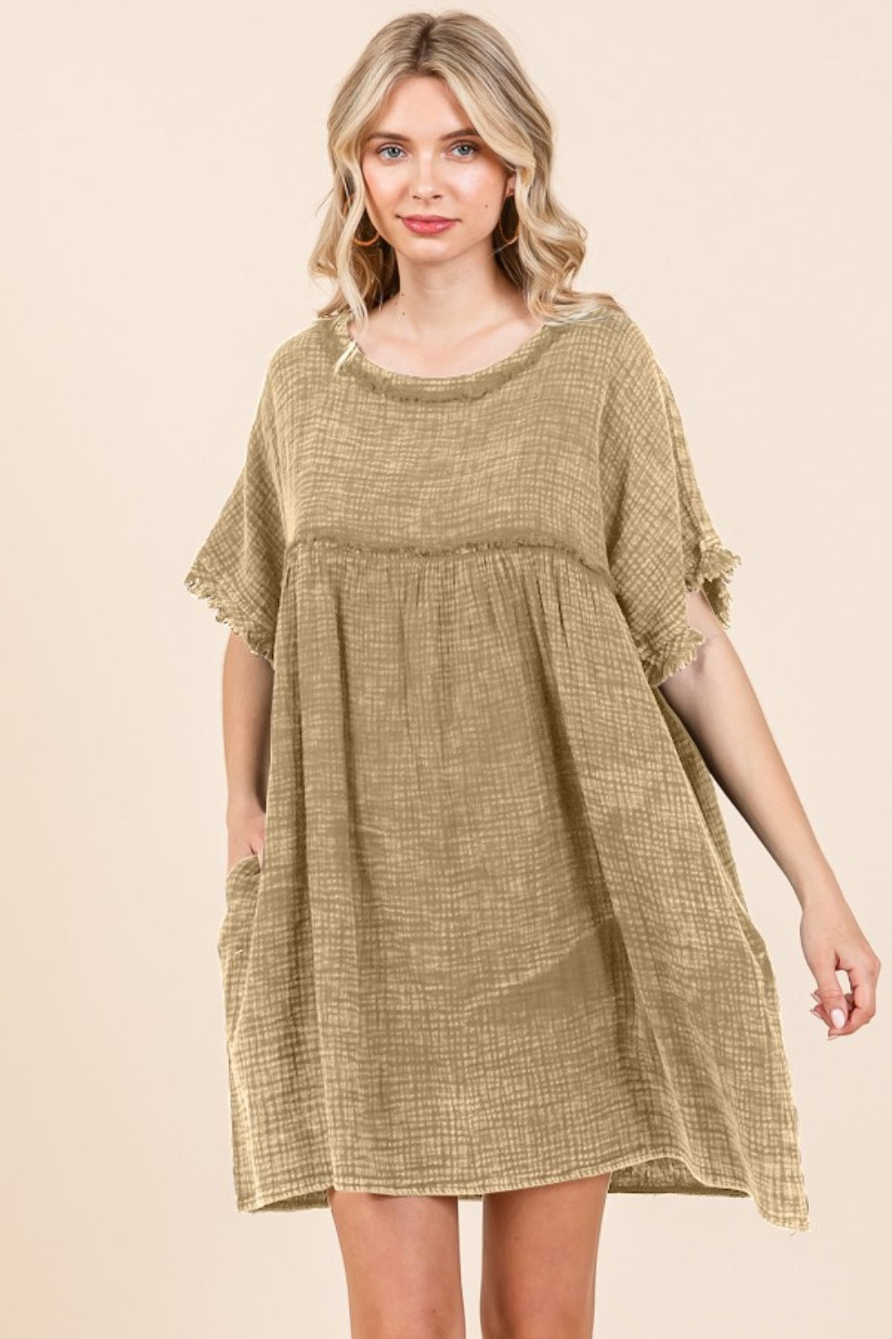 Culture Code Full Size Short Sleeve Babydoll Texture Dress with Pockets - UrbanEthereal