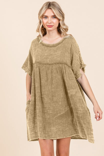 Culture Code Full Size Short Sleeve Babydoll Texture Dress with Pockets - UrbanEthereal